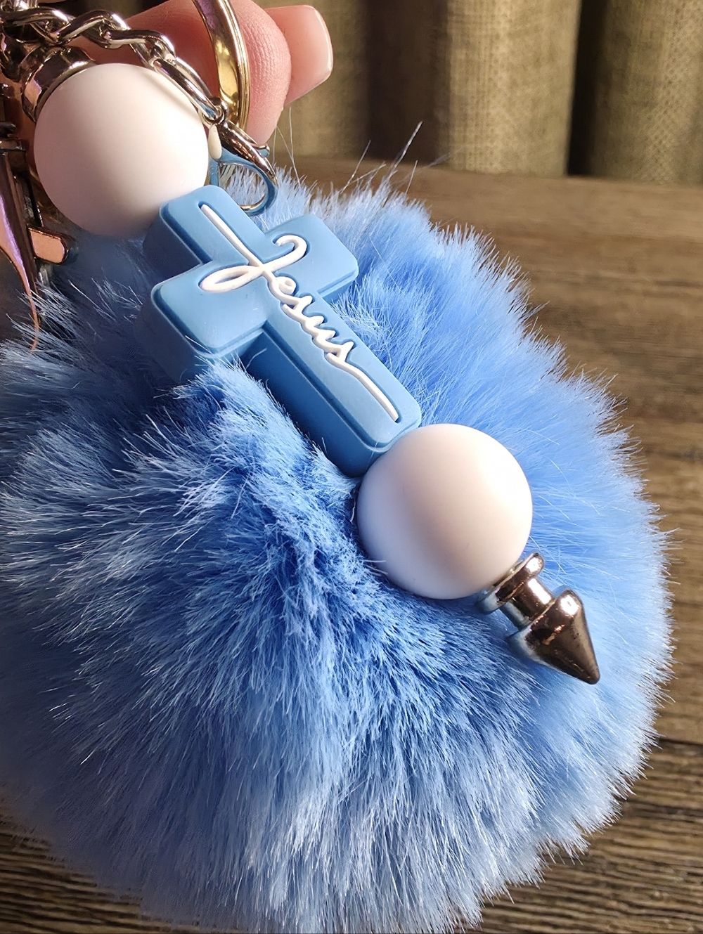 Blue Fuzzy Pom Pom Keychain with Cross Charm - Picture 3 of 3